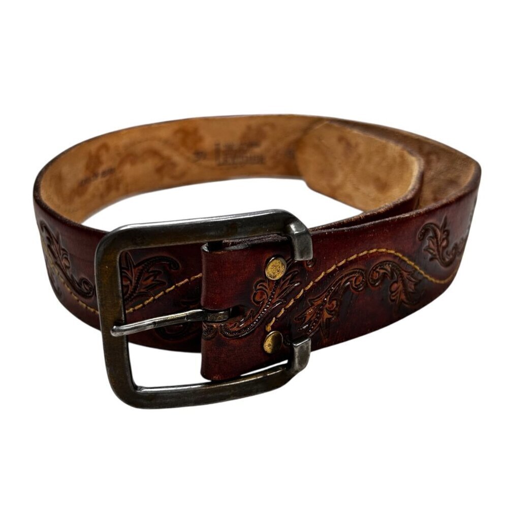 King of Jeans Leather Belt 30 Brown Western Tooled